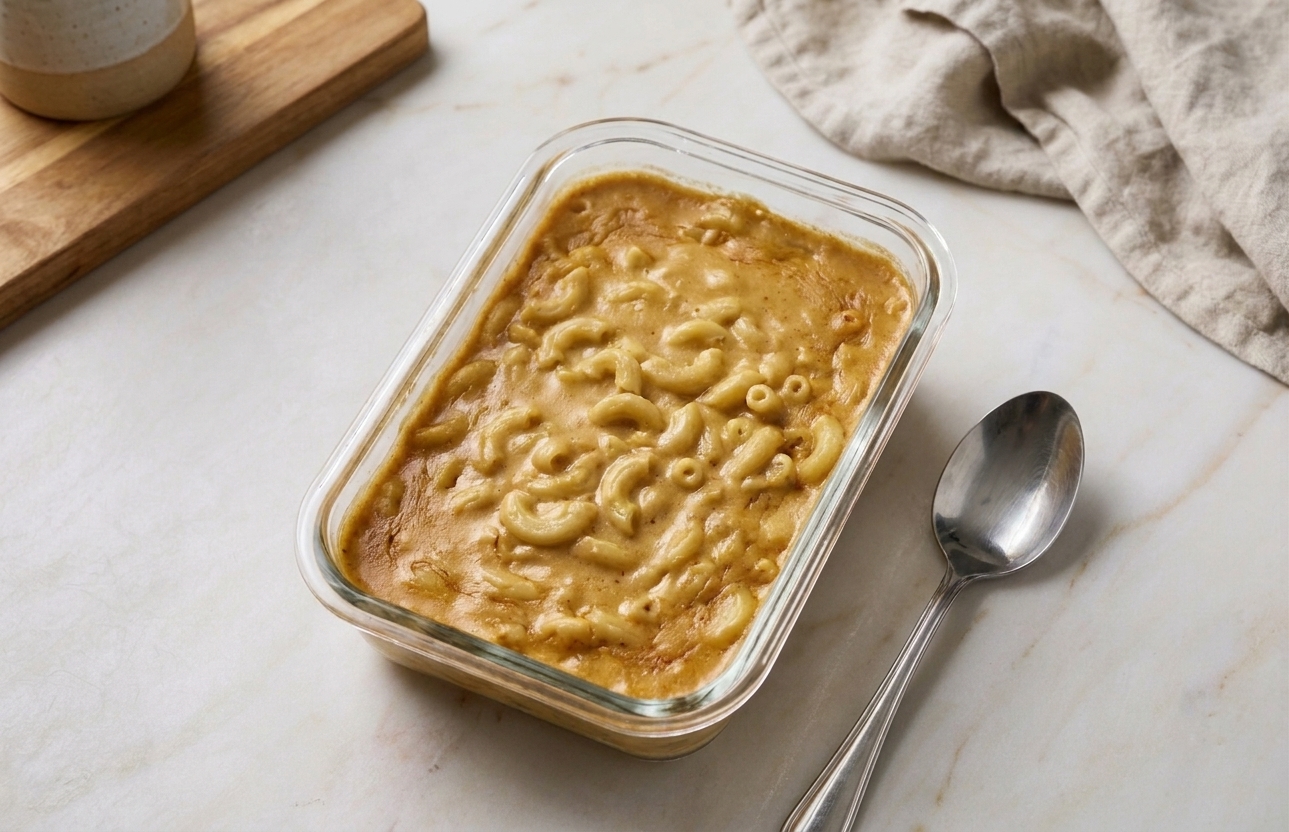 A glass meal prep container filled with cooled macaroni and cheese cream sauce with a spoon beside it on a kitchen counter