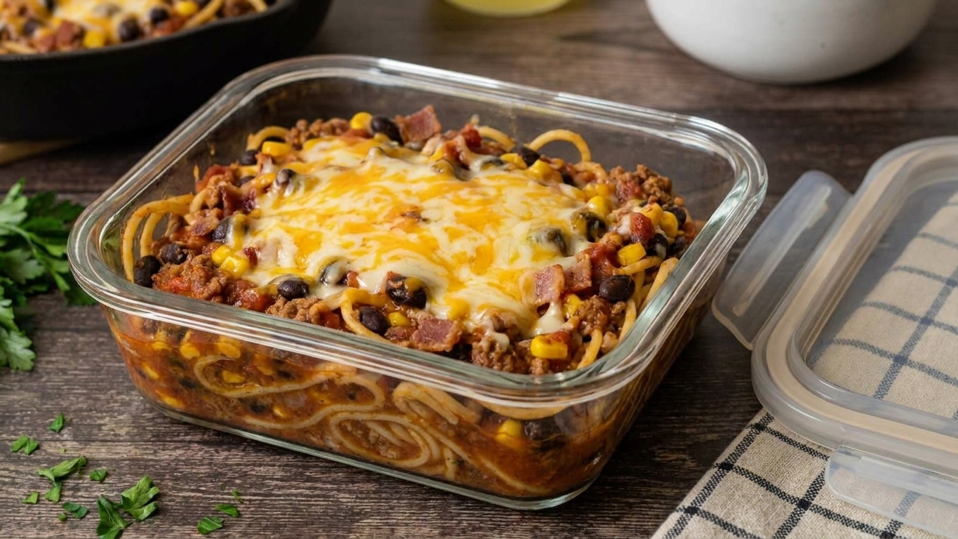 A glass meal prep container filled with cowboy spaghetti and melted cheese, resting on a kitchen counter with a lid nearby
