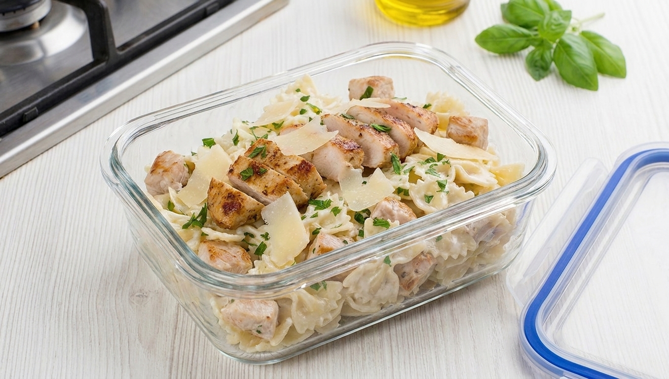 A glass meal prep container filled with creamy bow tie pasta and chicken, lid beside it on a kitchen counter