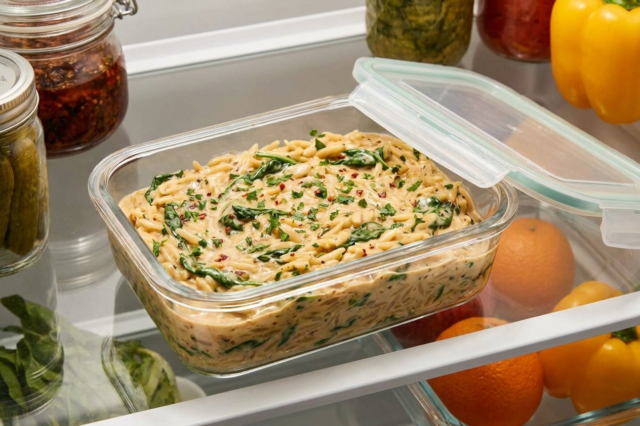 A glass meal prep container filled with creamy chicken orzo and spinach, lid set beside it on a refrigerator shelf