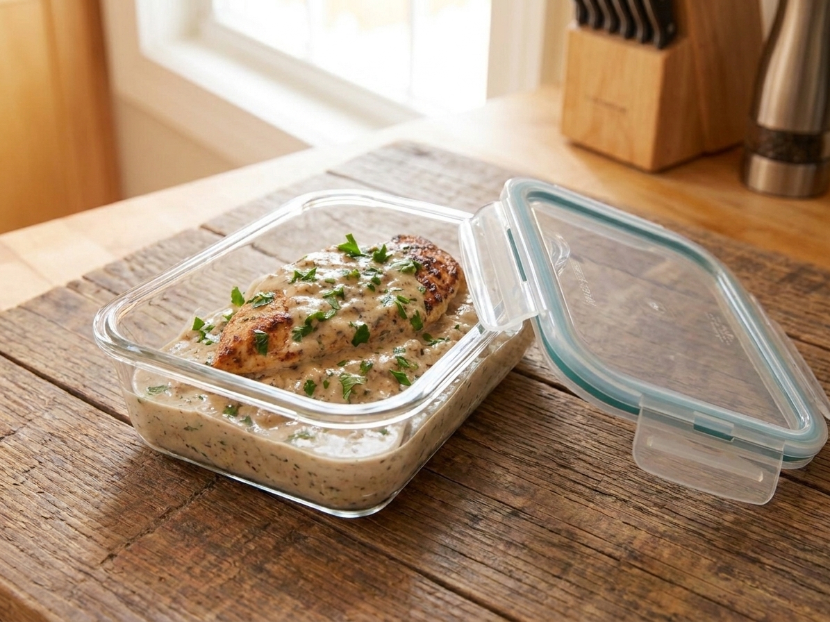 A glass meal prep container filled with creamy chicken and sauce on a kitchen counter with a lid beside it