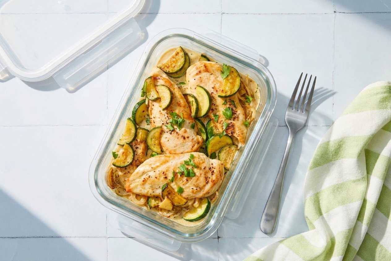 A glass meal prep container filled with creamy chicken and zucchini, sealed with a lid and placed on a kitchen counter next to a fork
