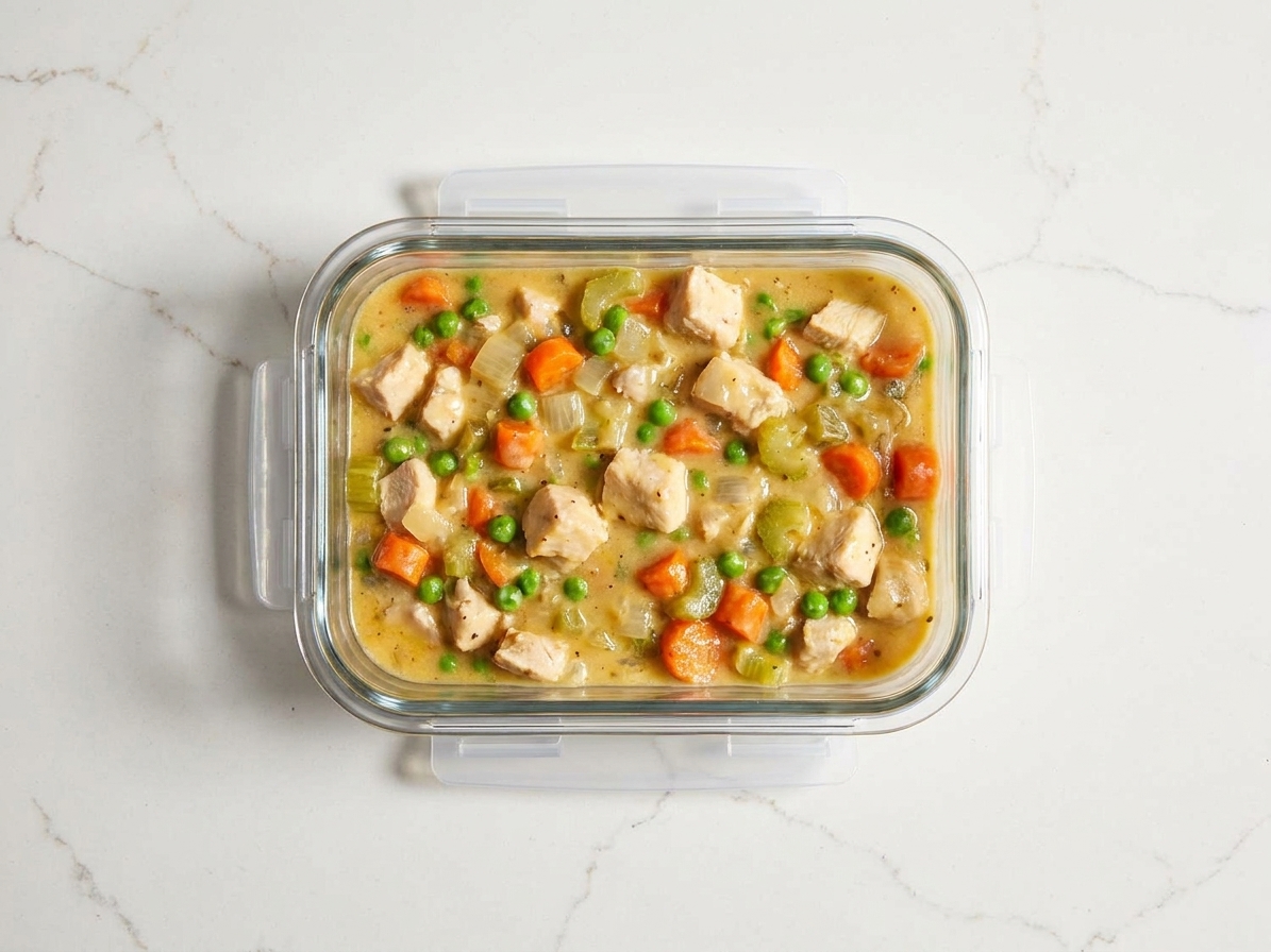 A glass meal prep container filled with creamy chicken pot pie filling and vegetables, covered with a lid on a kitchen counter