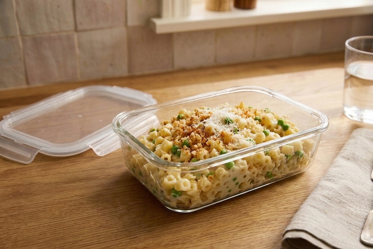 A glass meal prep container filled with creamy ditalini pasta and peas on a kitchen counter with a lid beside it