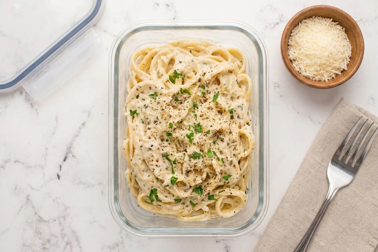 A glass meal prep container filled with creamy herb pasta, lid off, sitting on a kitchen counter next to a small ramekin of grated Parmesan