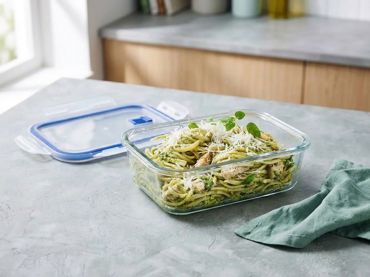 A glass meal prep container filled with creamy pesto pasta and chicken, with a snapped-on lid sitting beside it on a kitchen counter