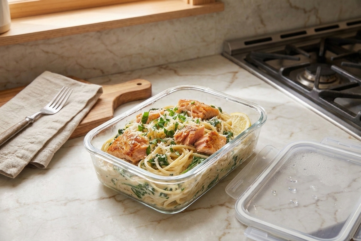 A glass meal prep container filled with creamy salmon pasta, lid set beside it on a kitchen counter, ready for refrigeration