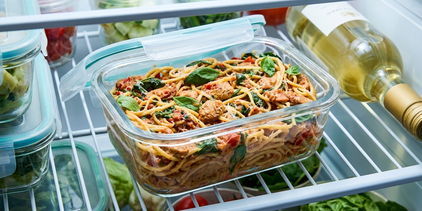 A glass meal prep container filled with creamy sausage pasta resting on a refrigerator shelf