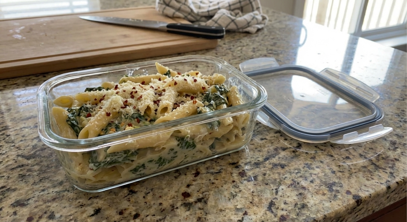 A glass meal prep container filled with creamy spinach artichoke pasta, lid set beside it on a countertop, photorealistic