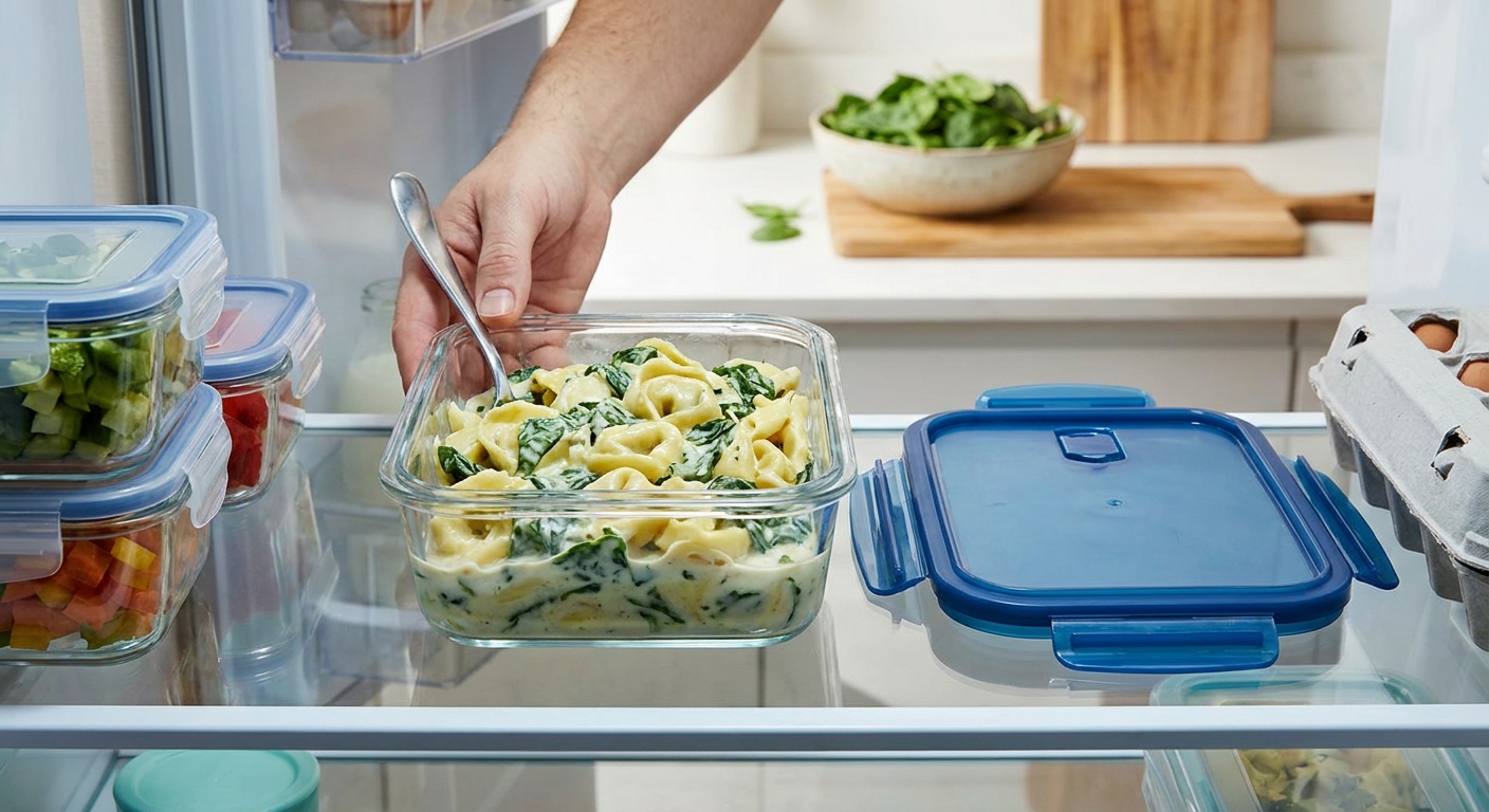 A glass meal prep container filled with creamy spinach tortellini with a lid beside it on a refrigerator shelf