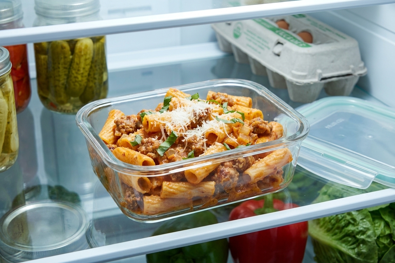 A glass meal prep container filled with creamy tomato sausage pasta on a refrigerator shelf, lid set nearby