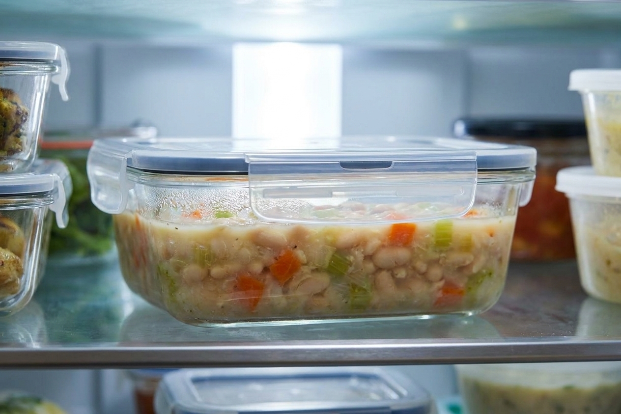 A glass meal prep container filled with creamy white beans and broth, sealed and resting on a refrigerator shelf under soft light