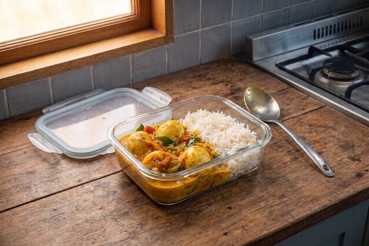 A glass meal prep container filled with egg curry and rice, lid off, sitting on a kitchen counter next to a spoon