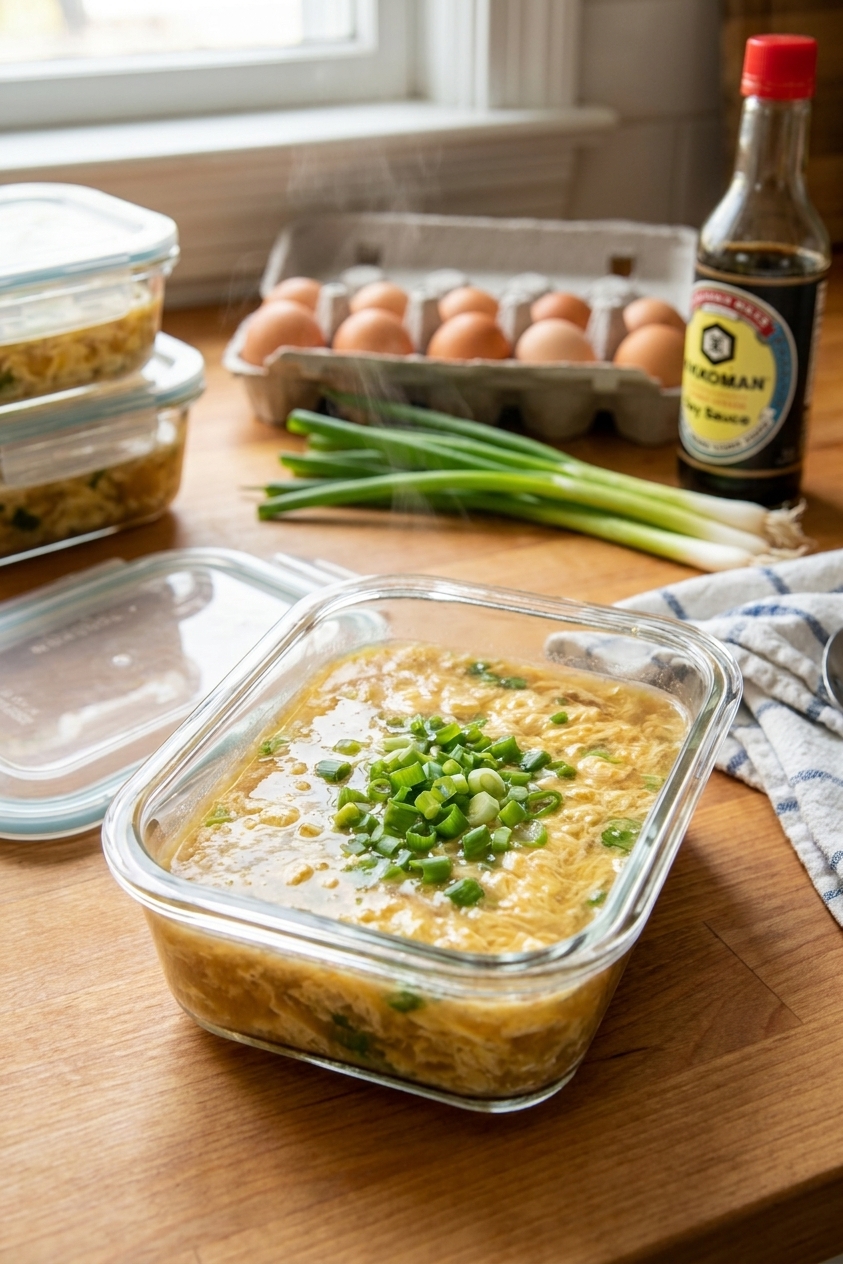 A glass meal prep container filled with egg drop soup and scallions, lid set beside it on a countertop, real food photography