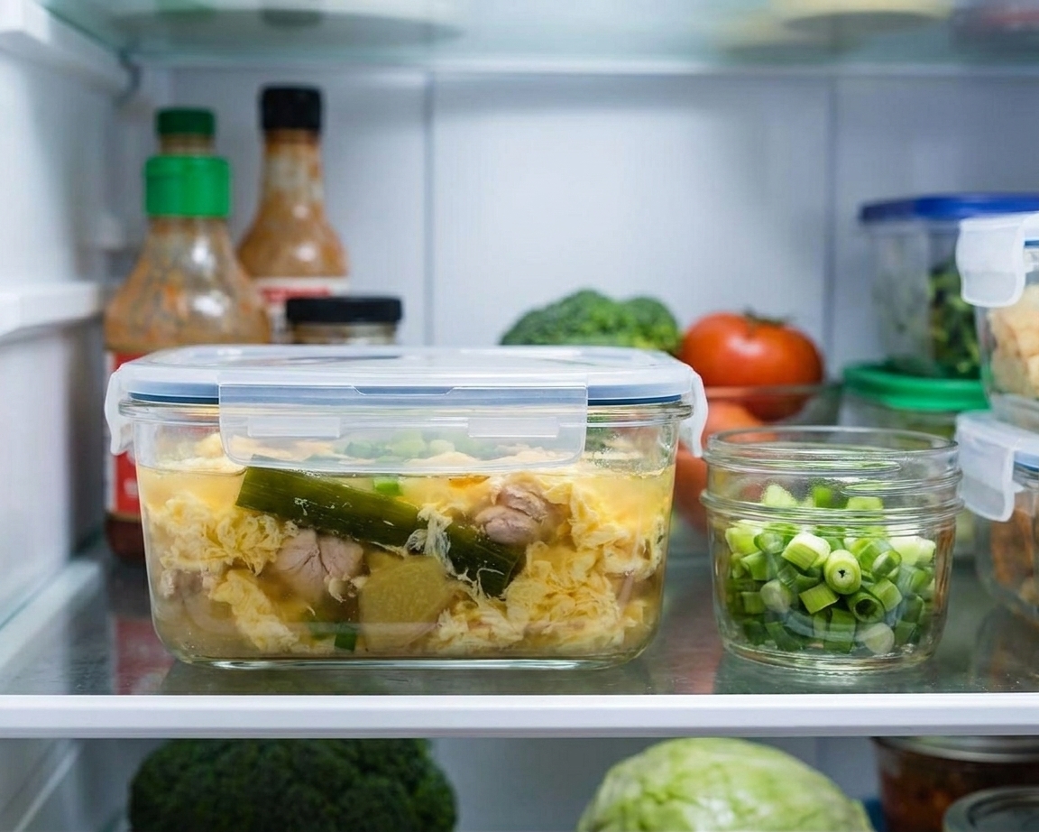 A glass meal prep container filled with egg flower soup resting on a refrigerator shelf with a small jar of sliced scallions nearby