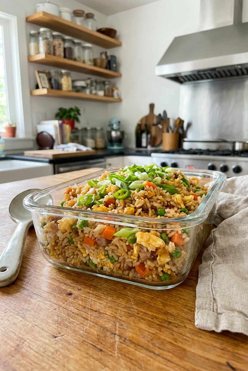 A glass meal prep container filled with fried rice and topped with sliced scallions, sitting on a kitchen counter