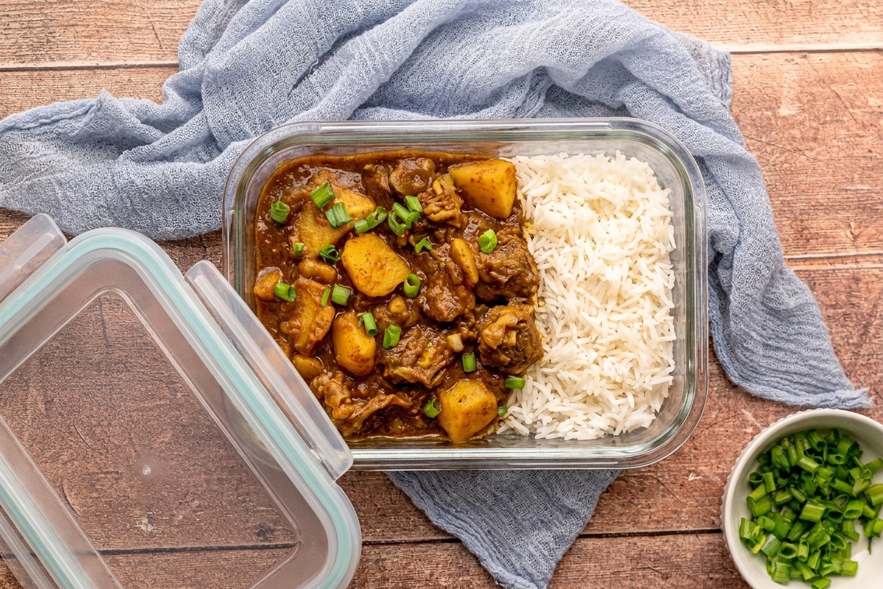 A glass meal prep container filled with goat curry and rice, with the lid set beside it on a kitchen counter