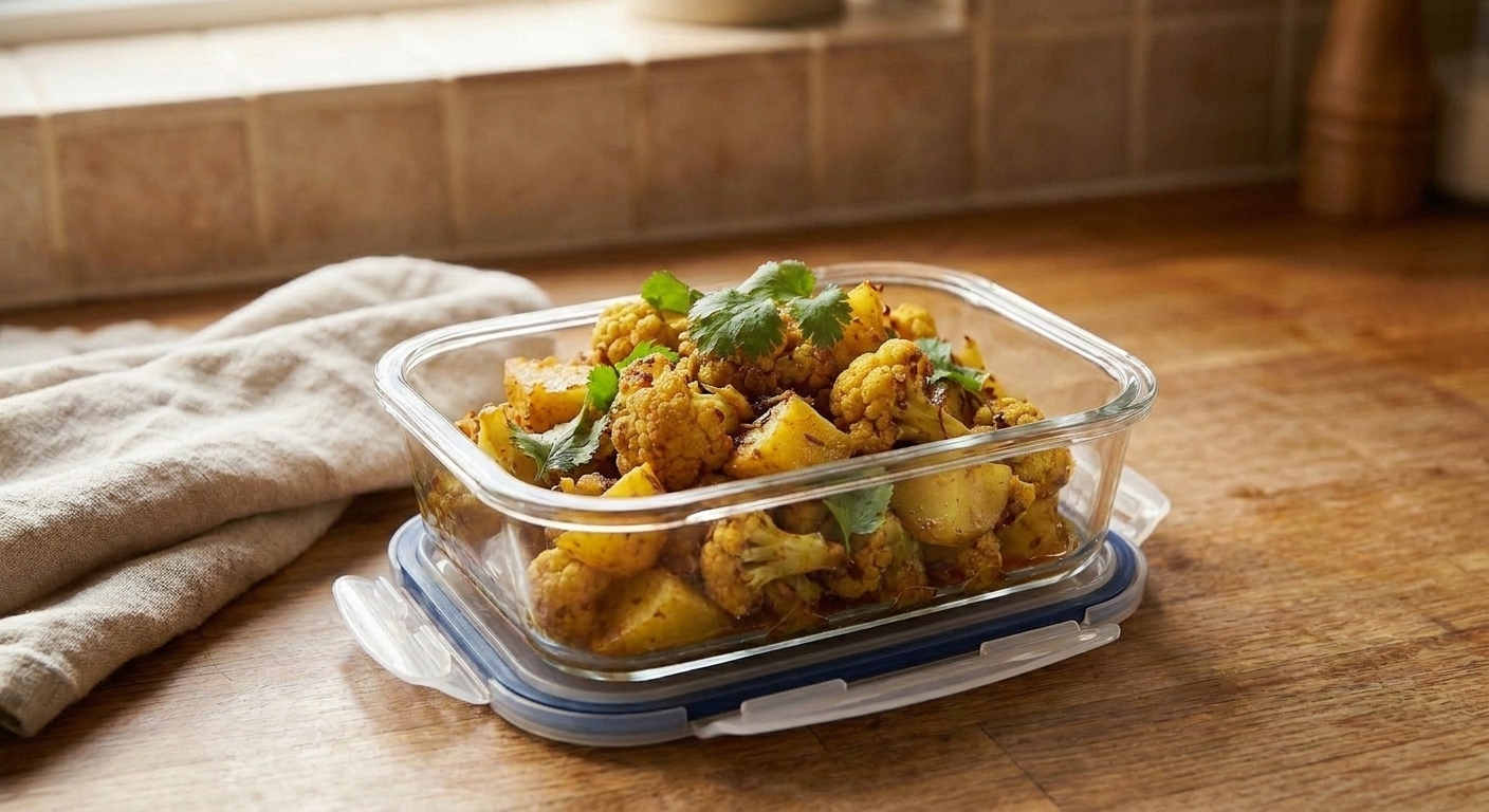 A glass meal prep container filled with gobi aloo, cooled and ready to be stored, sitting on a kitchen counter