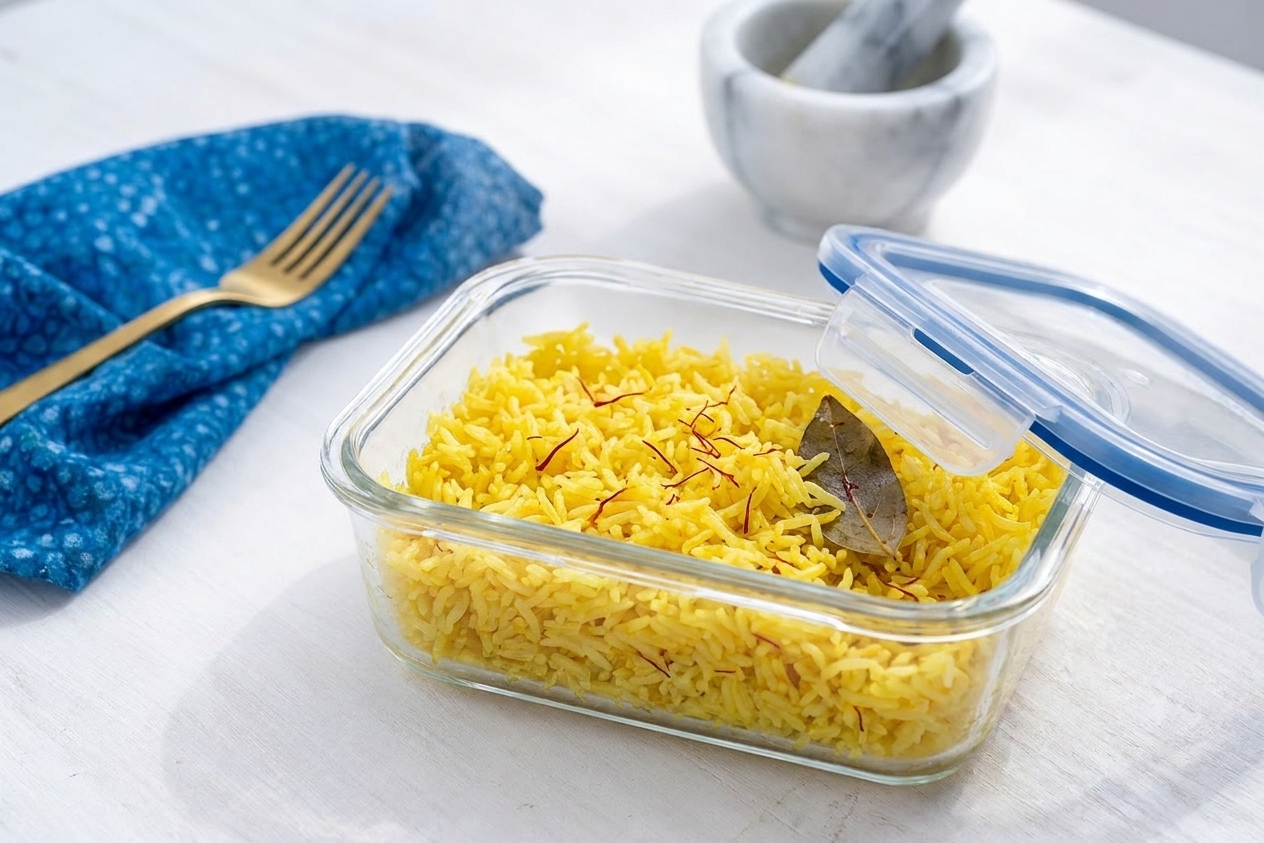 A glass meal prep container filled with golden saffron rice on a kitchen counter with a lid nearby