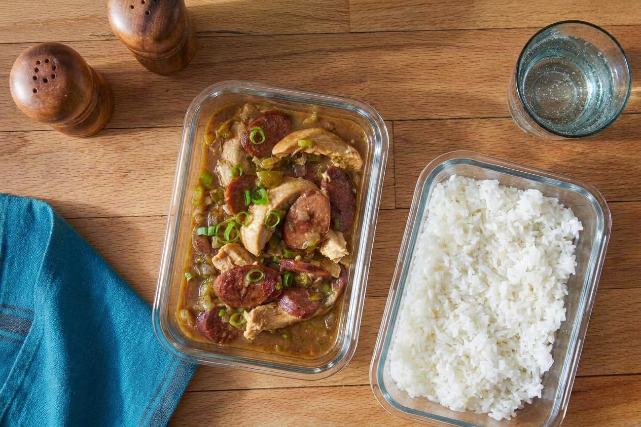 A glass meal prep container filled with gumbo next to a separate container of cooked white rice on a kitchen counter
