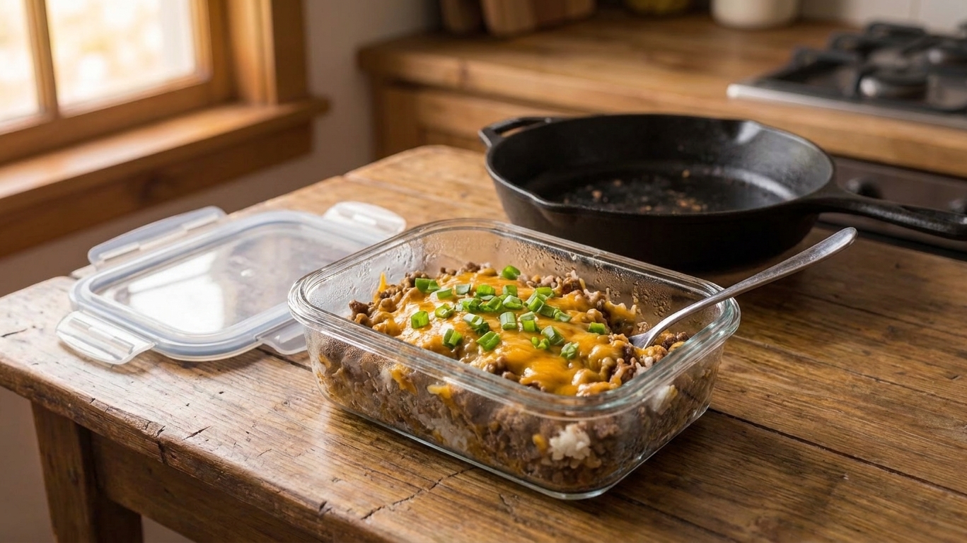 A glass meal prep container filled with hamburger and rice leftovers on a kitchen counter with a lid beside it