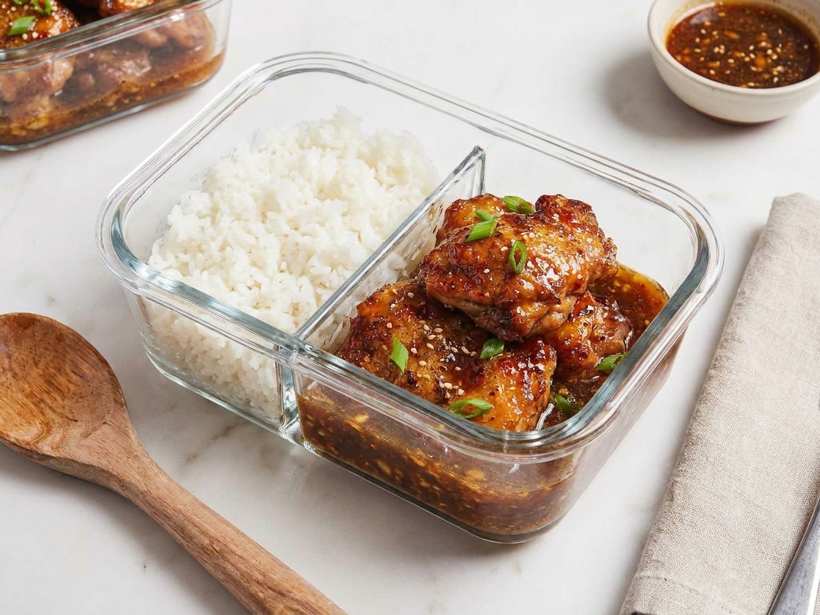 A glass meal prep container filled with honey garlic chicken and rice, with extra sauce pooled in one corner, on a kitchen counter