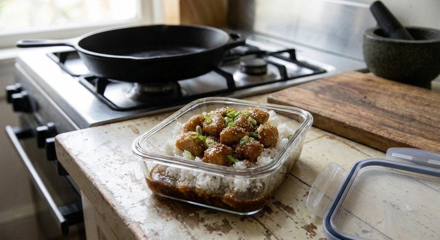 A glass meal prep container filled with honey garlic chicken and rice, sauce pooled slightly at the bottom, on a clean kitchen counter