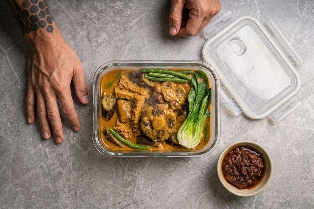 A glass meal prep container filled with kare-kare peanut stew cooling on a kitchen counter with a lid nearby