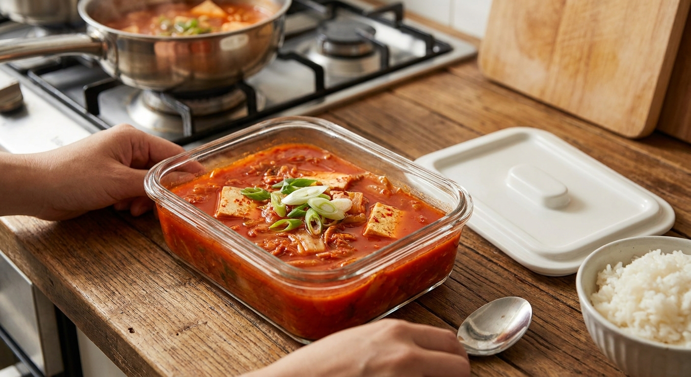 A glass meal prep container filled with kimchi soup, tofu visible on top, set on a kitchen counter next to a lid and a small bowl of rice