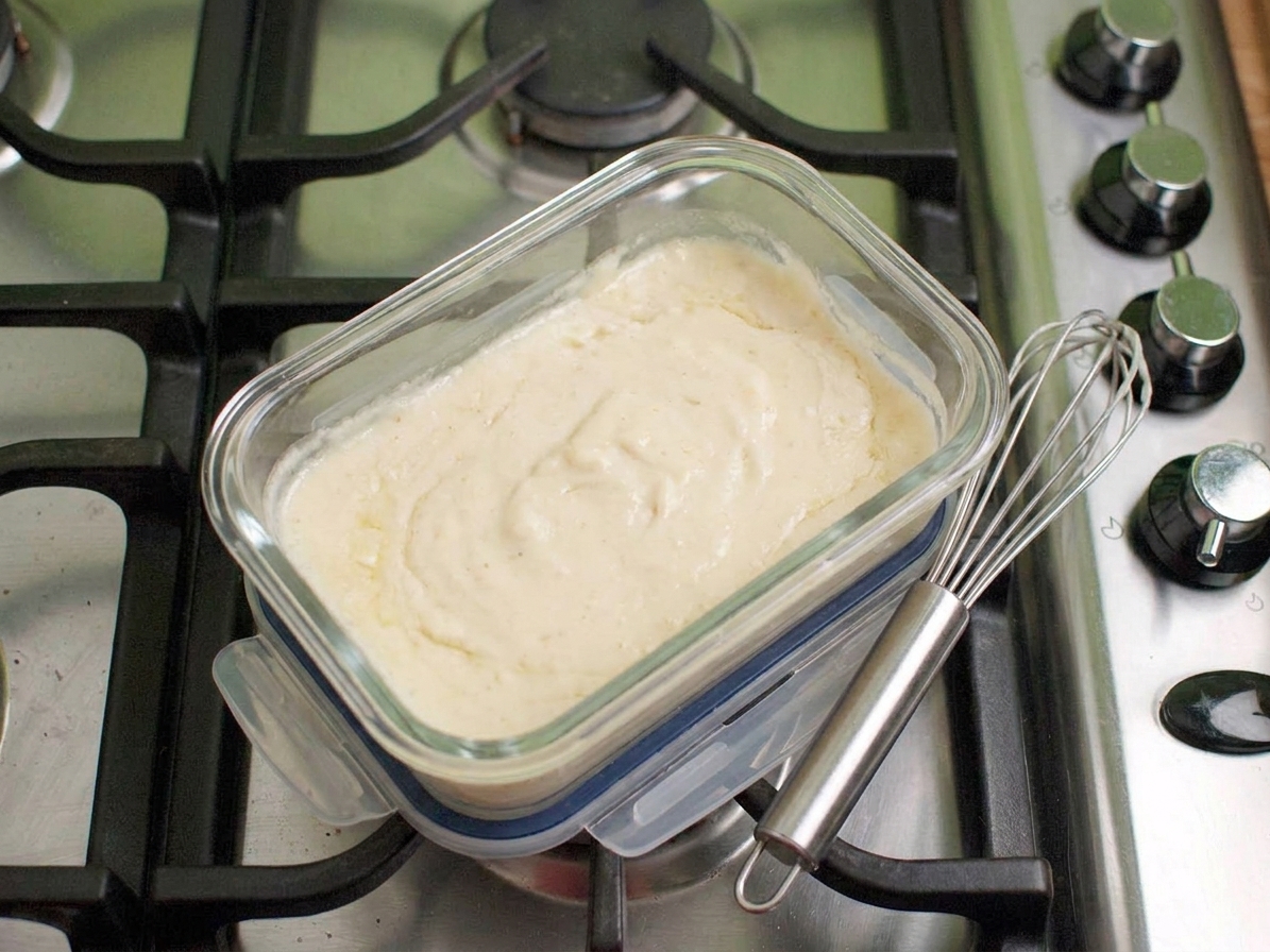 A glass meal prep container filled with leftover Alfredo sauce on a kitchen counter next to a small whisk