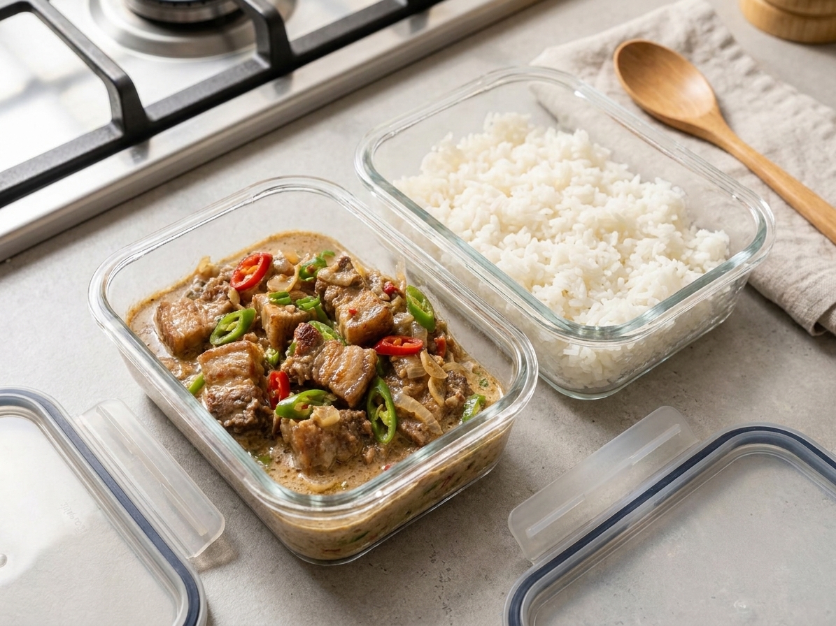 A glass meal prep container filled with leftover Bicol Express next to a container of white rice on a bright kitchen counter