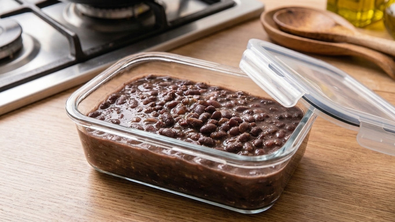 A glass meal prep container filled with leftover Cuban black beans, lid beside it on a kitchen counter