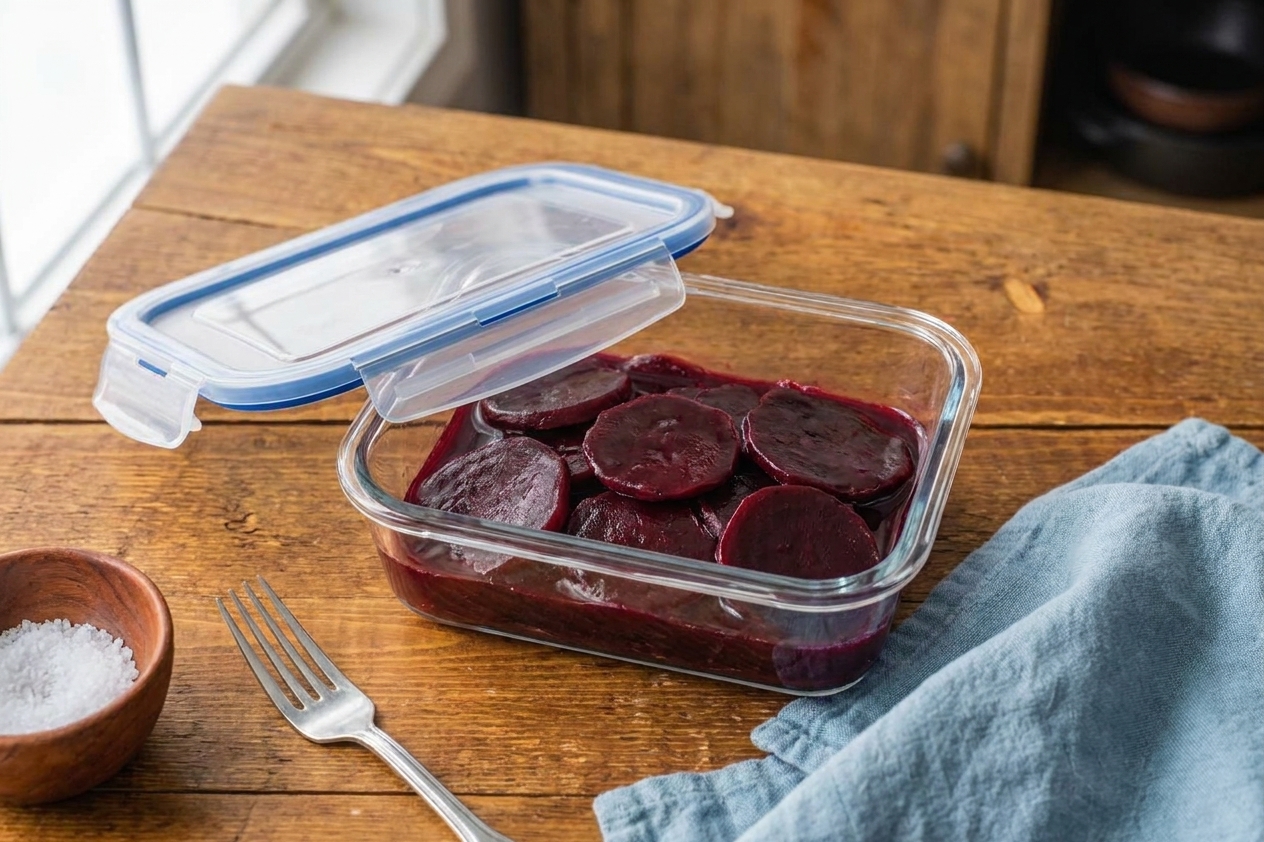 A glass meal prep container filled with leftover Harvard beets in red sauce, covered with a lid on a kitchen counter