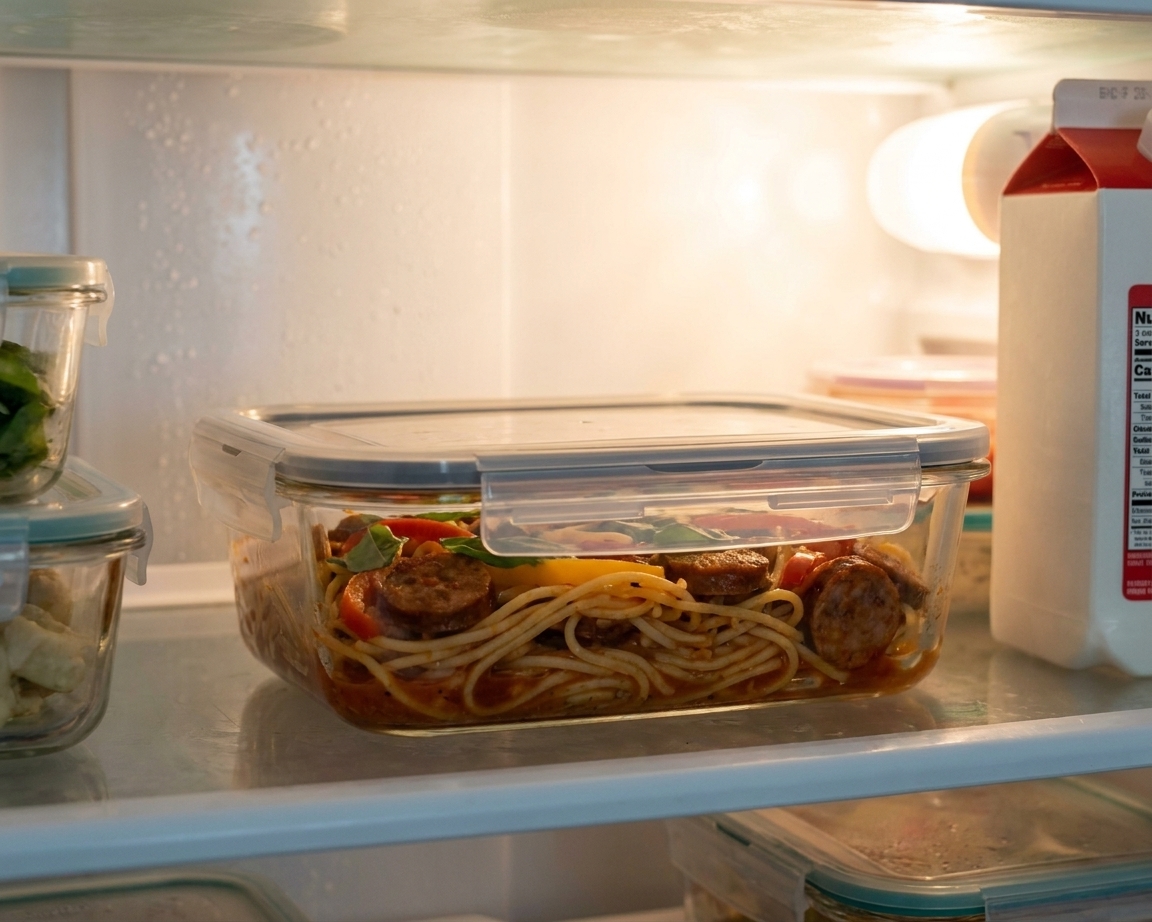 A glass meal prep container filled with leftover Italian drunken noodles placed on a refrigerator shelf under soft light