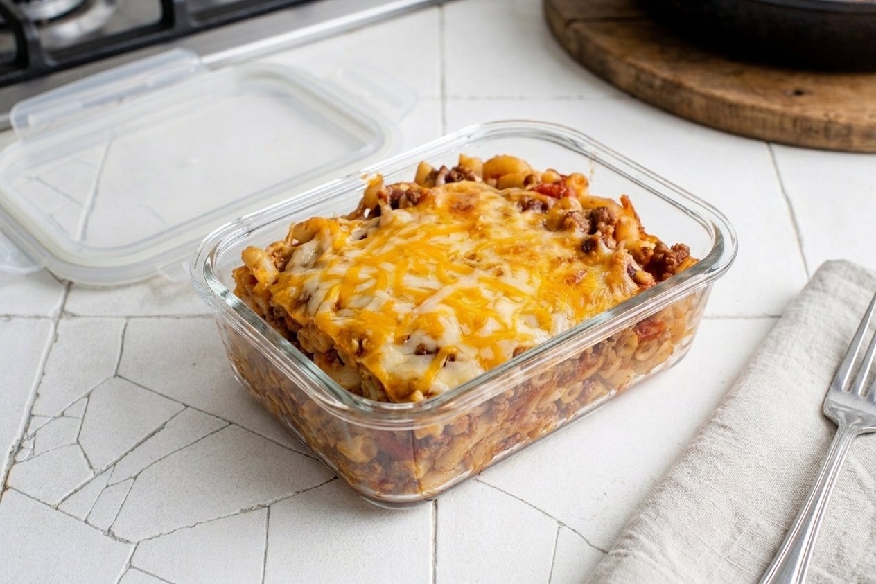 A glass meal prep container filled with leftover Johnny Marzetti pasta bake on a kitchen counter next to a lid