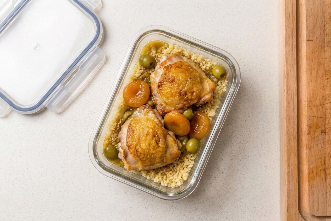 A glass meal prep container filled with leftover Moroccan chicken tagine with apricots and olives, ready to refrigerate