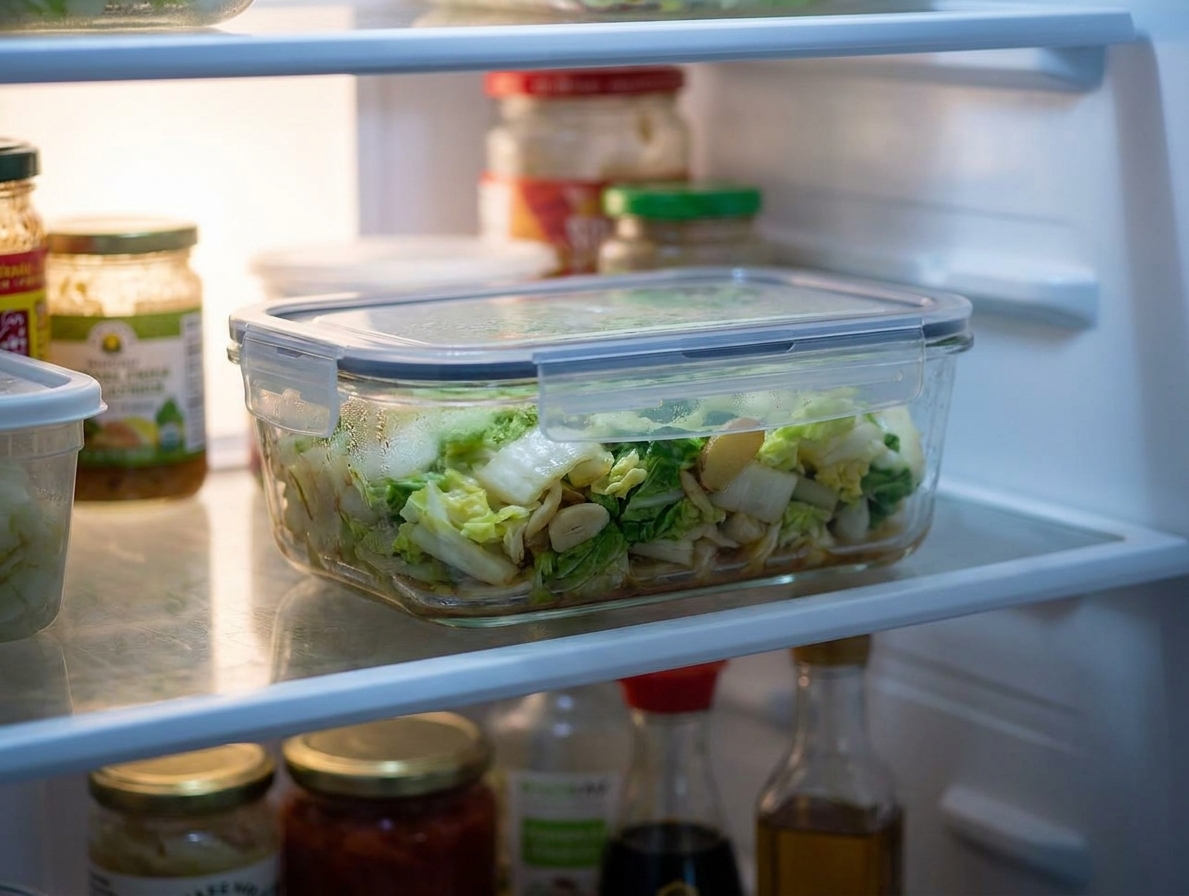 A glass meal prep container filled with leftover Napa cabbage stir-fry on a refrigerator shelf, lit by soft fridge light