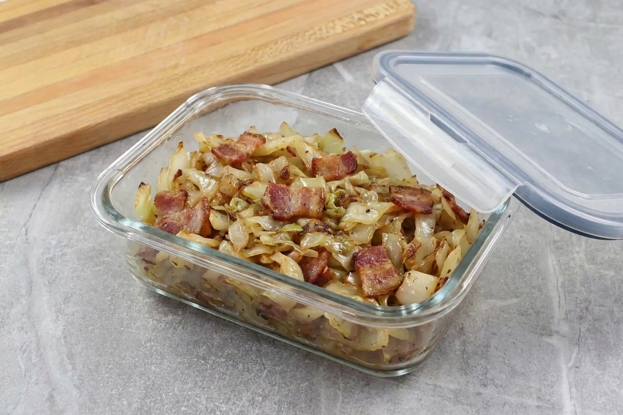 A glass meal prep container filled with leftover Southern fried cabbage and bacon, lid set beside it on a clean kitchen counter