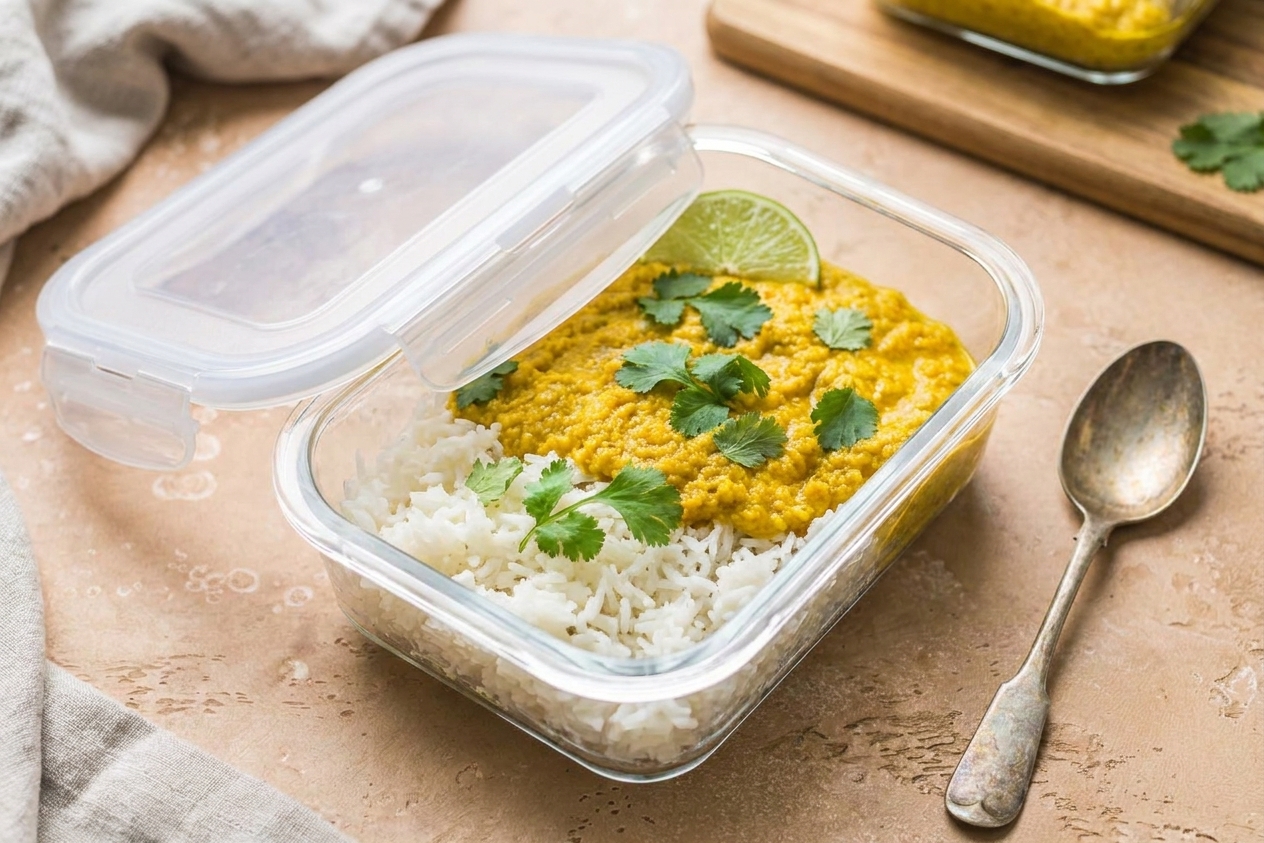 A glass meal prep container filled with leftover Thai yellow curry and rice, covered with a lid on a kitchen counter