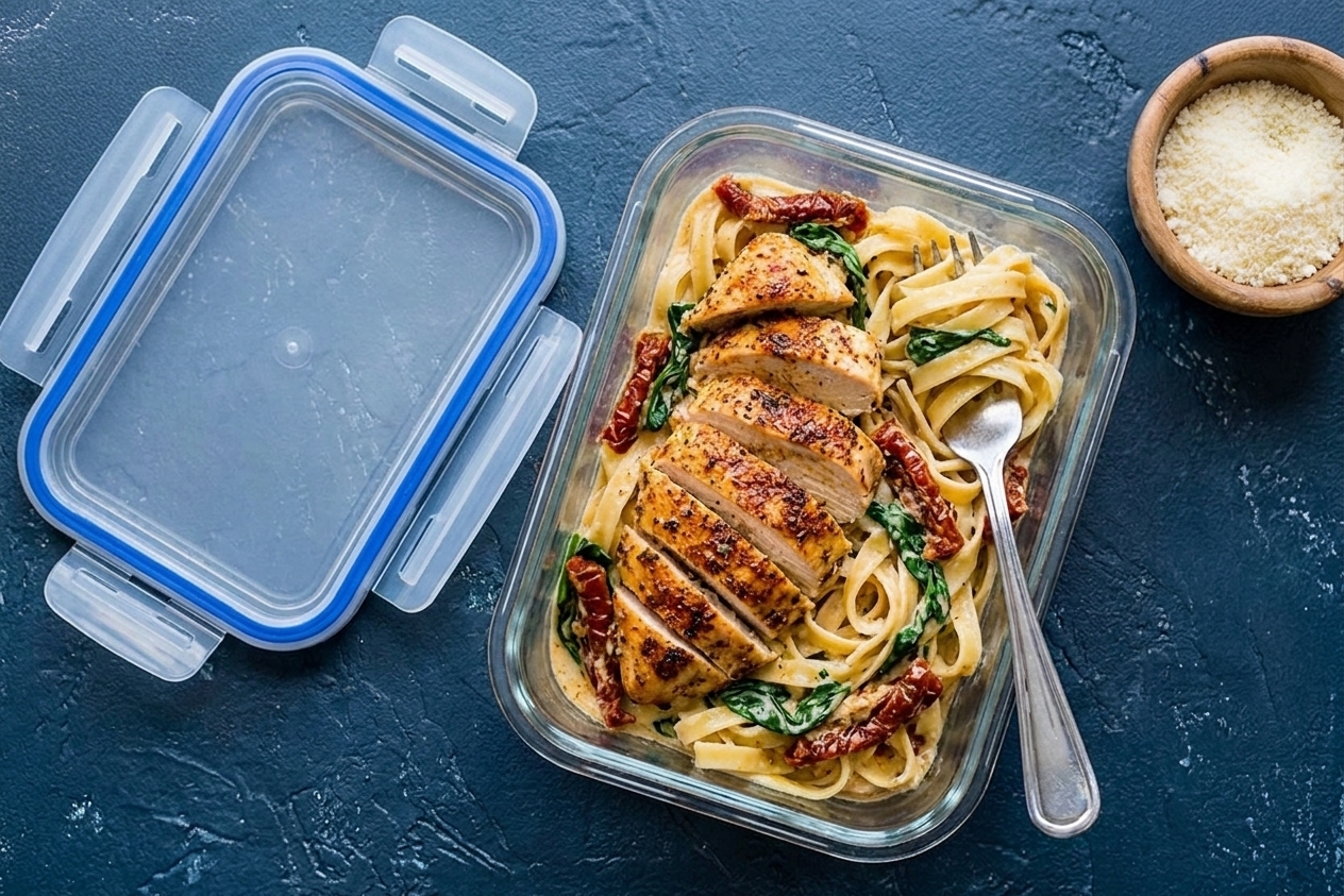 A glass meal prep container filled with leftover Tuscan chicken pasta, lid set nearby on a kitchen counter