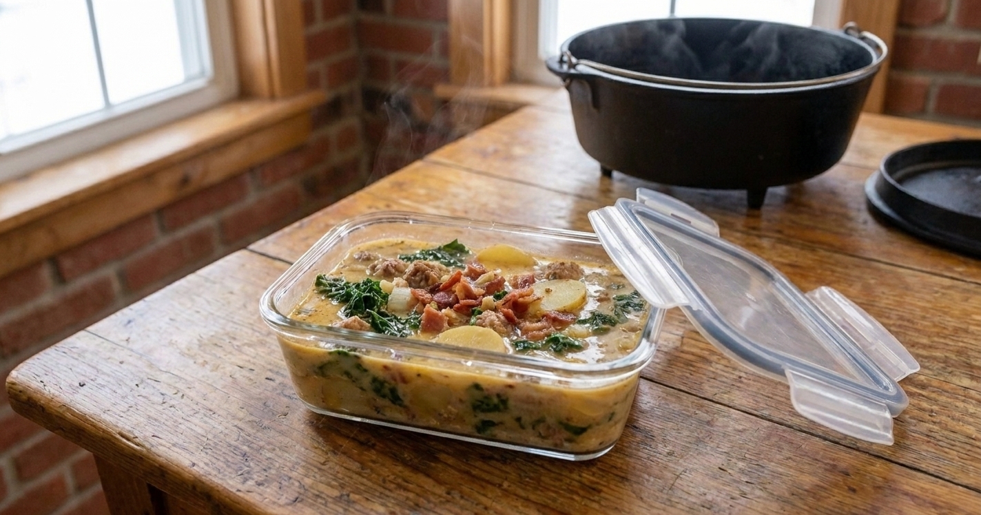 A glass meal prep container filled with leftover Zuppa Toscana soup cooling on a kitchen counter with a lid nearby
