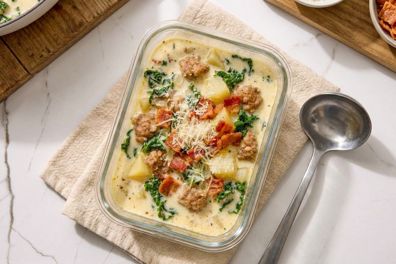 A glass meal prep container filled with leftover Zuppa Toscana soup, lid off, sitting on a kitchen counter next to a ladle