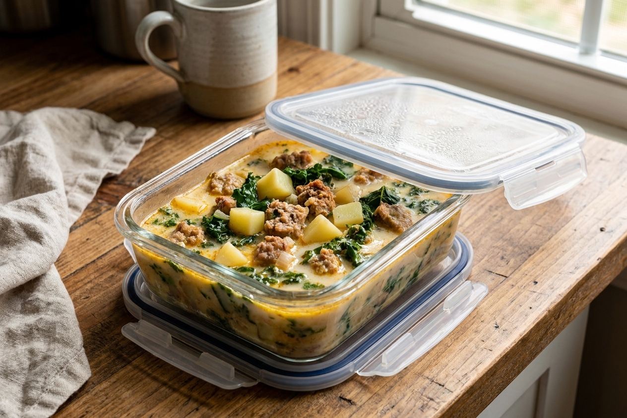 A glass meal prep container filled with leftover Zuppa Toscana soup, sealed with a lid on a kitchen counter