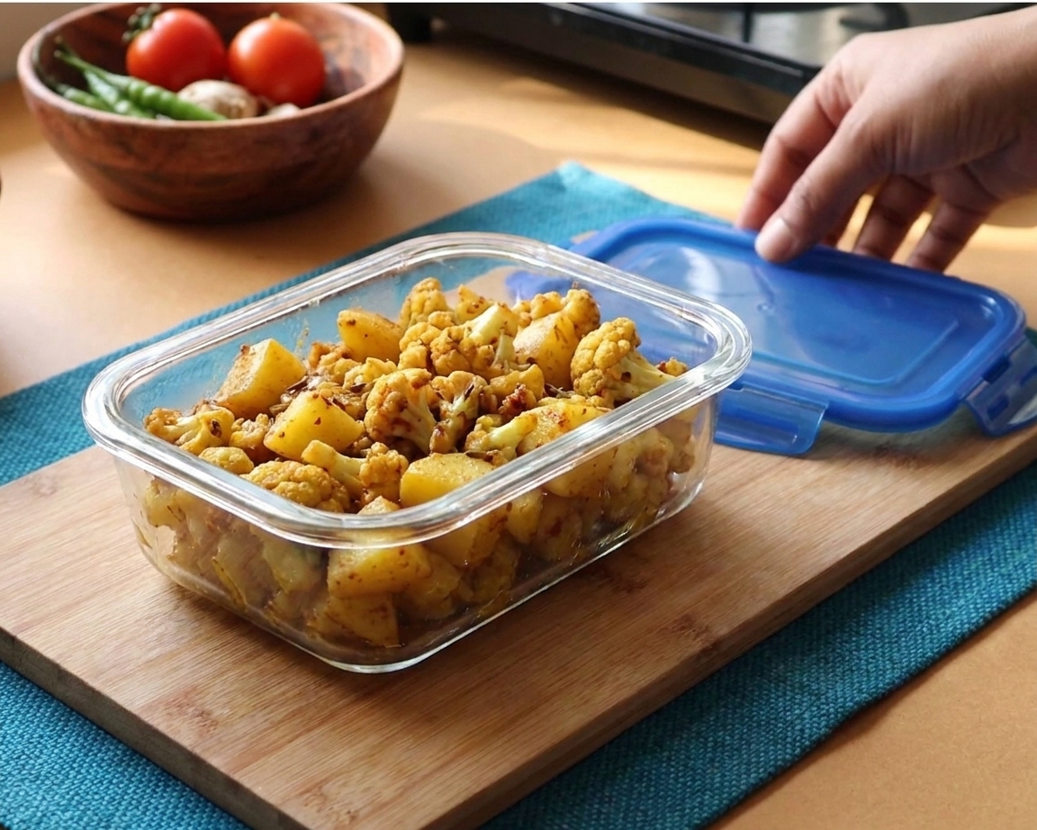 A glass meal prep container filled with leftover aloo gobi on a kitchen counter with a snapped-on lid nearby