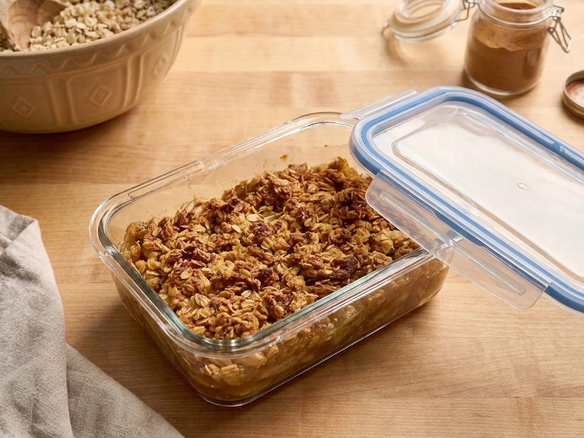 A glass meal prep container filled with leftover apple crumble, lid set beside it on a clean kitchen counter