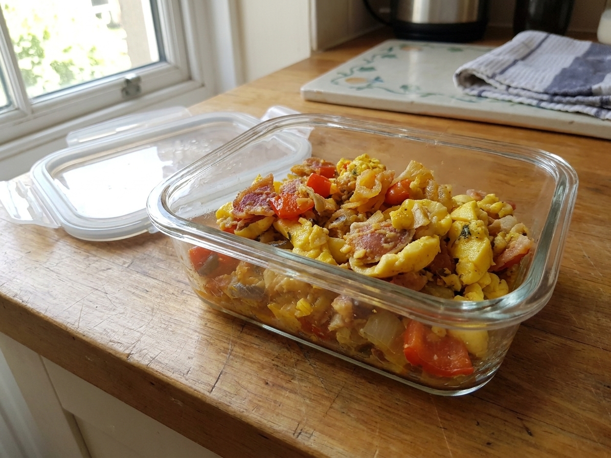 A glass meal prep container filled with leftover ackee and saltfish on a kitchen counter next to a lid, natural window light