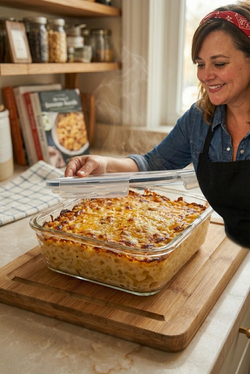 A glass meal prep container filled with leftover baked macaroni and cheese