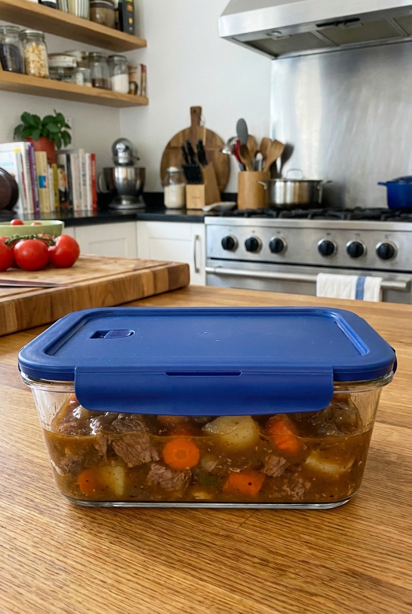 A glass meal prep container filled with leftover beef stew and a tight-fitting lid on a kitchen counter