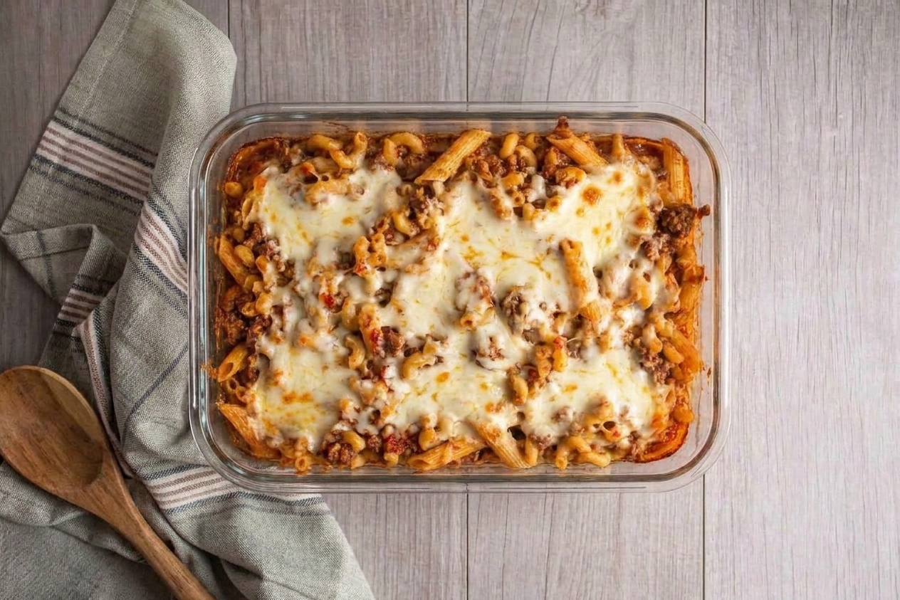 A glass meal prep container filled with leftover baked macaroni and penne pasta with melted cheese on top, sitting on a kitchen counter