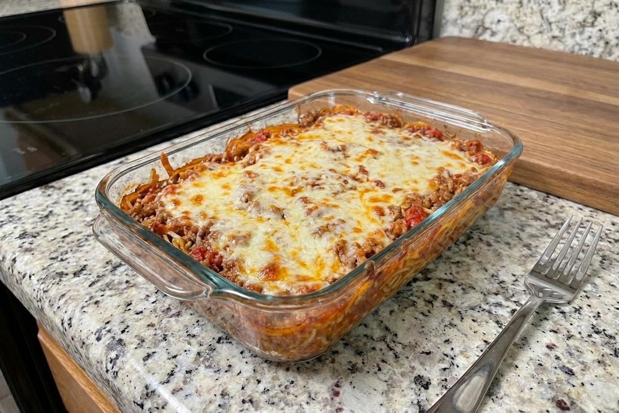 A glass meal prep container filled with leftover baked spaghetti, with a fork resting beside it on a kitchen counter